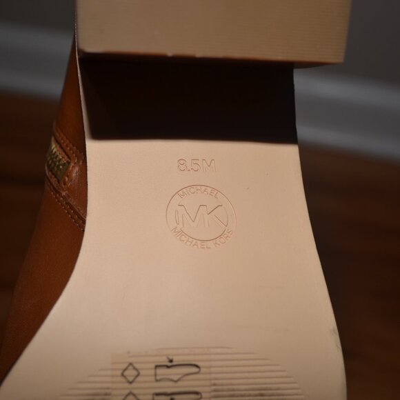 Michael Kors Womens 8.5 Brown Leather Mindy Block Heel Logo Zip Almond Boots - Picture 11 of 14